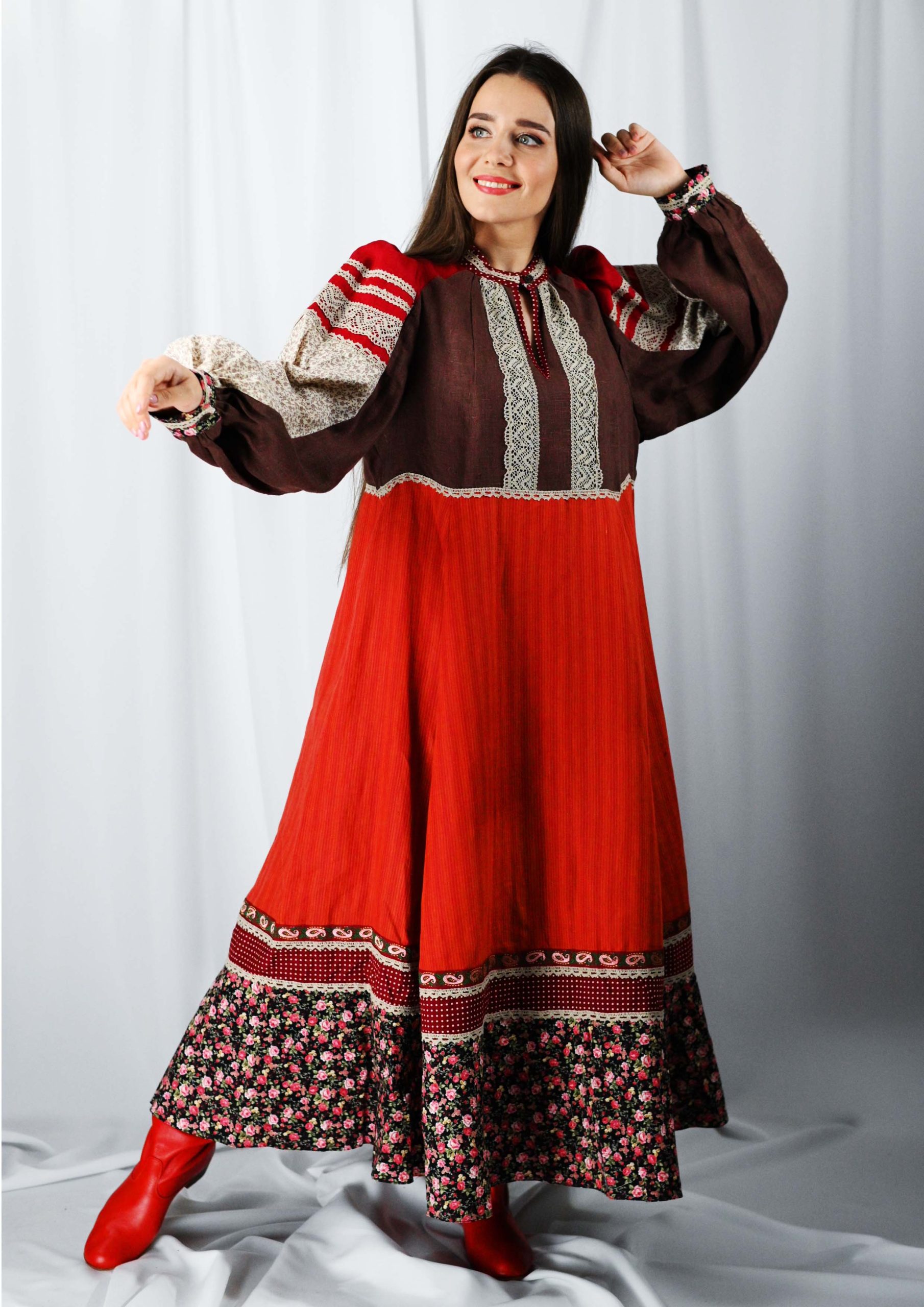 Платье - рубаха (широкий бордюр, бордо) мод-204
